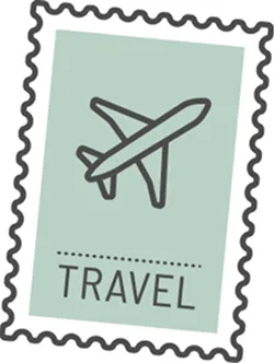 Stamp with airplane icon above the word 'TRAVEL' on a green background framed by a wavy border.