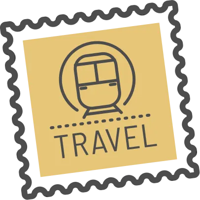Stamp-like icon with a train front and the word 'TRAVEL' beneath it.