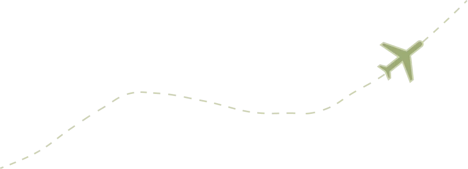 Illustration of a green airplane flying with a dotted curved line trail behind it.